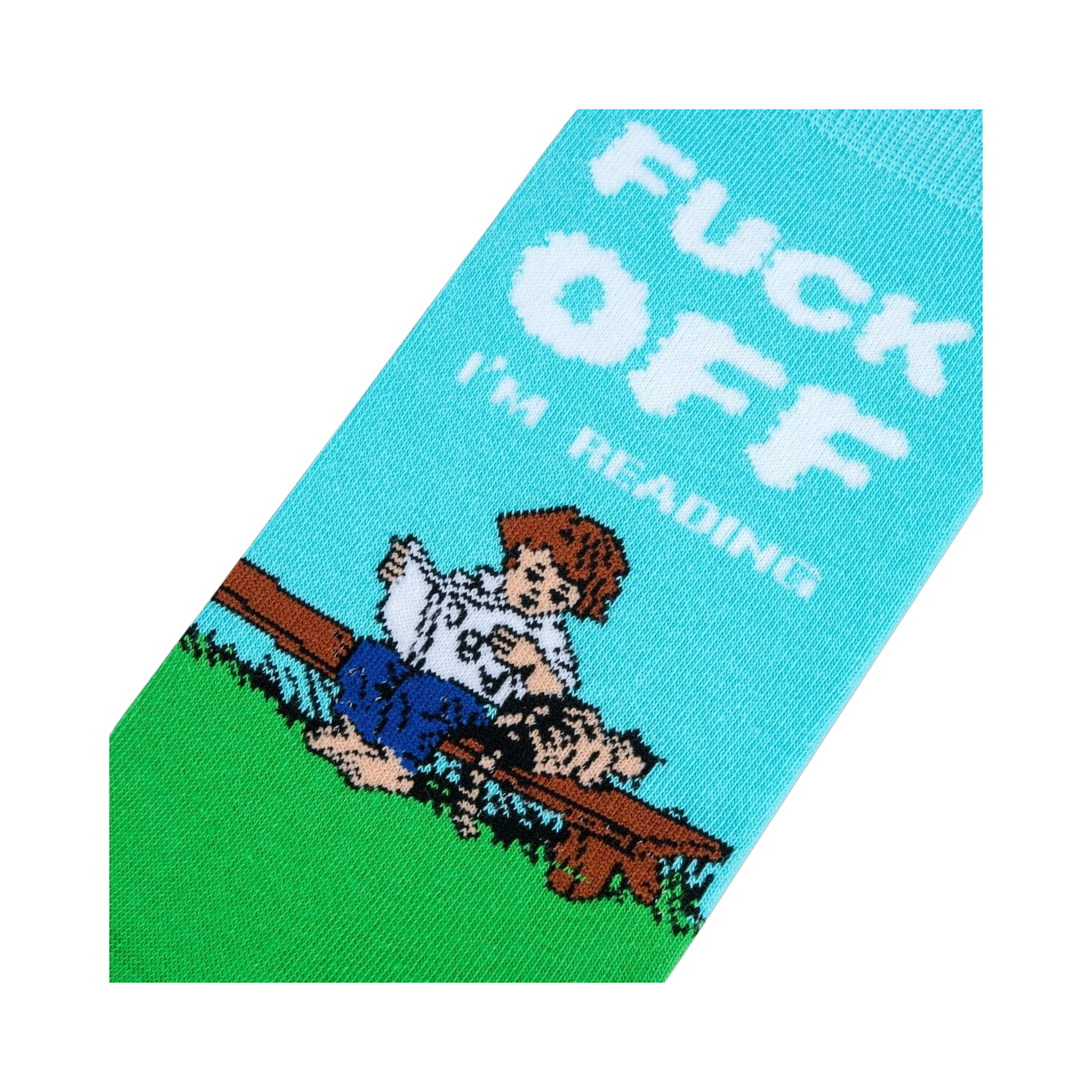 Close-up detail shot of the 'I'm Reading' sock design.