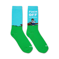 Pair of crew socks in teal and green.  Feature a graphic of a person reading on a bench with the text: 'Fuck Off I'm Reading'.