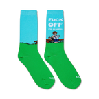 Pair of crew socks in teal and green.  Feature a graphic of a person reading on a bench with the text: 'Fuck Off I'm Reading'.