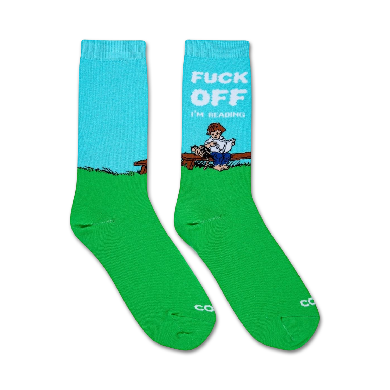 Pair of crew socks in teal and green.  Feature a graphic of a person reading on a bench with the text: 'Fuck Off I'm Reading'.