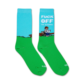 green and blue crew socks for women with "f--k off...i'm reading" text and a picture of a person reading a book 