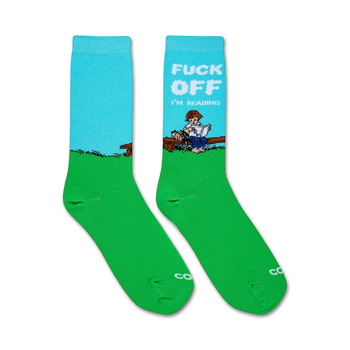 green and blue crew socks for women with "f--k off...i'm reading" text and a picture of a person reading a book 