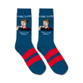 Flatlay product shot of two 'Sarcasm' socks, showcasing the teal and red design and the full text.