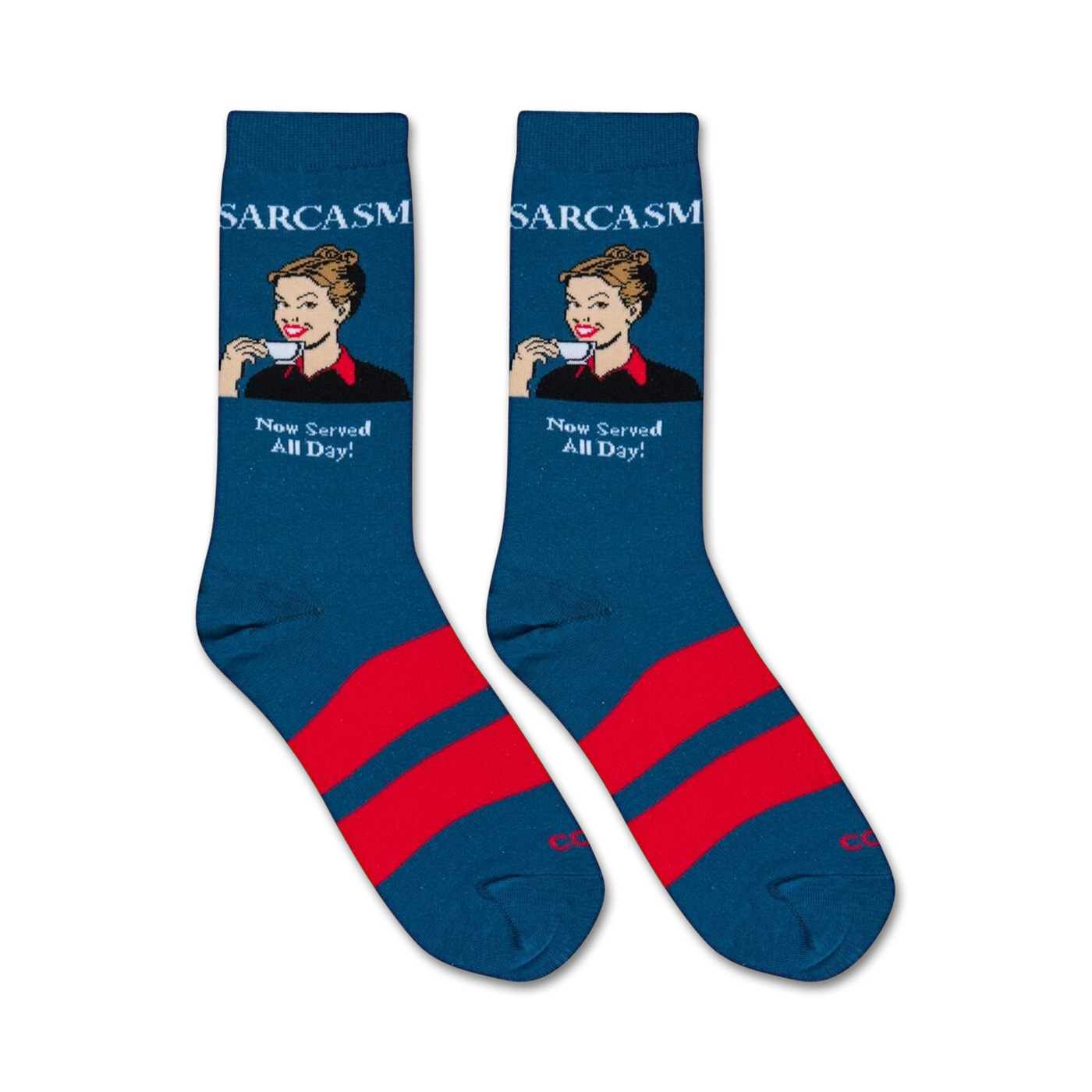 Flatlay product shot of two 'Sarcasm' socks, showcasing the teal and red design and the full text.
