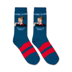 Flatlay product shot of two 'Sarcasm' socks, showcasing the teal and red design and the full text.