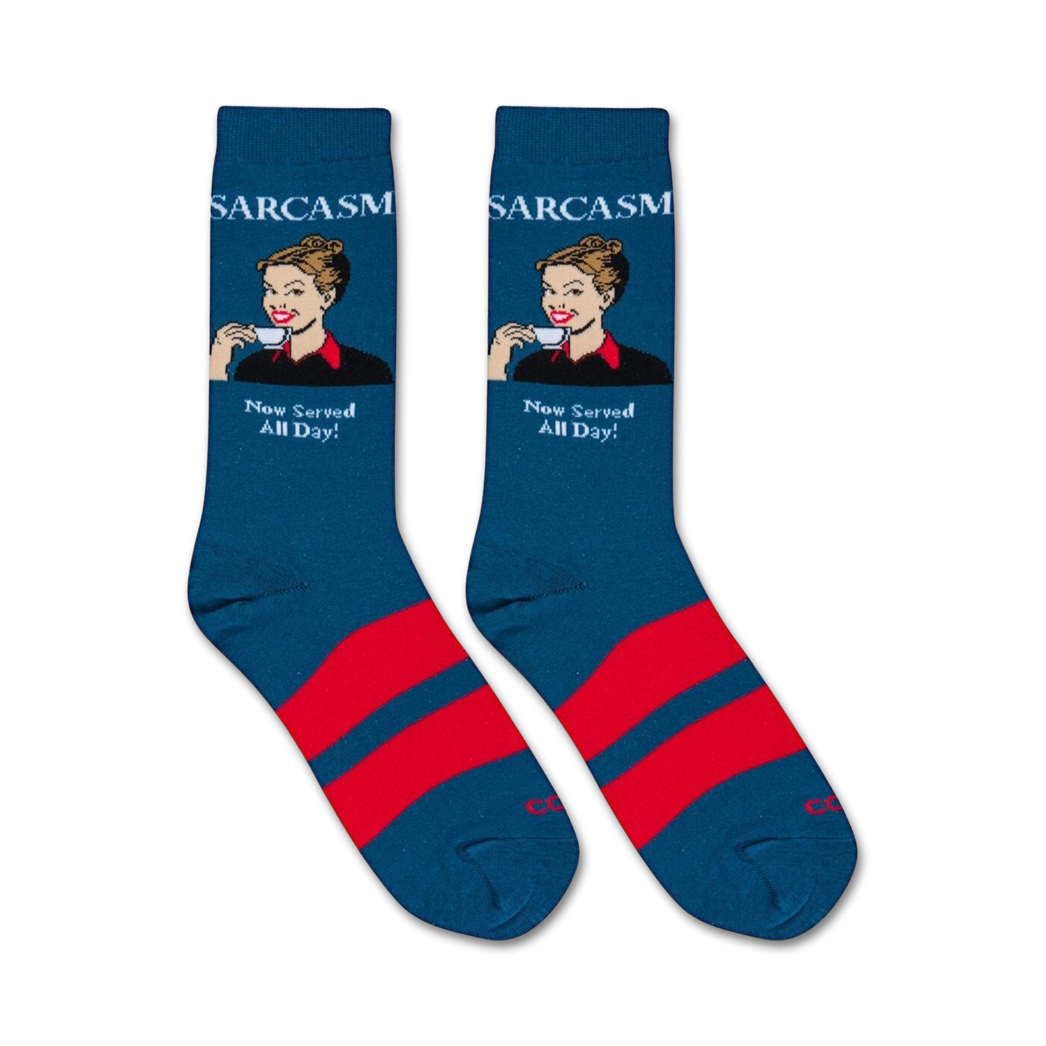 Flatlay product shot of two 'Sarcasm' socks, showcasing the teal and red design and the full text.