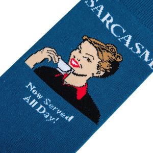 A blue sock with a sarcastic lady drinking from a teacup and the words 
