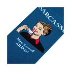 Close-up detail shot of the 'Sarcasm' socks, focusing on the retro illustration and text: 'Now Served All Day!'