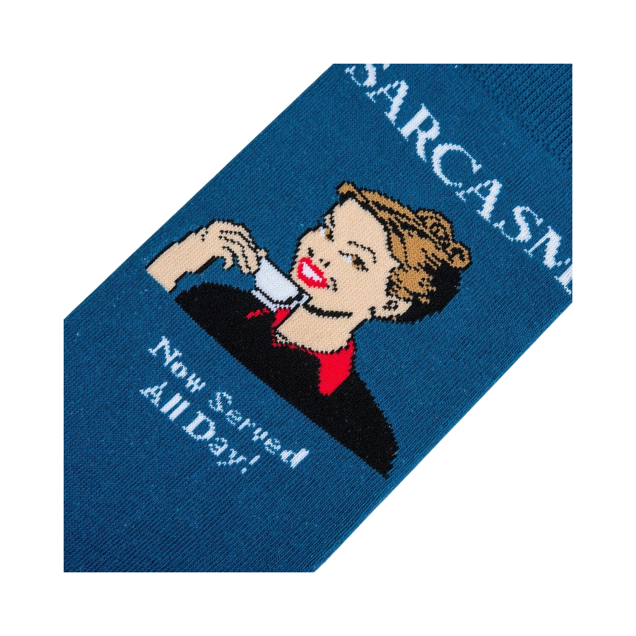 Close-up detail shot of the 'Sarcasm' socks, focusing on the retro illustration and text: 'Now Served All Day!'