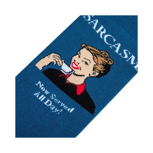 Close-up detail shot of the 'Sarcasm' socks, focusing on the retro illustration and text: 'Now Served All Day!'