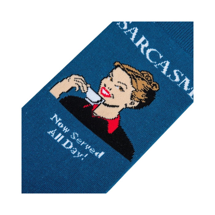 Close-up detail shot of the 'Sarcasm' socks, focusing on the retro illustration and text: 'Now Served All Day!'