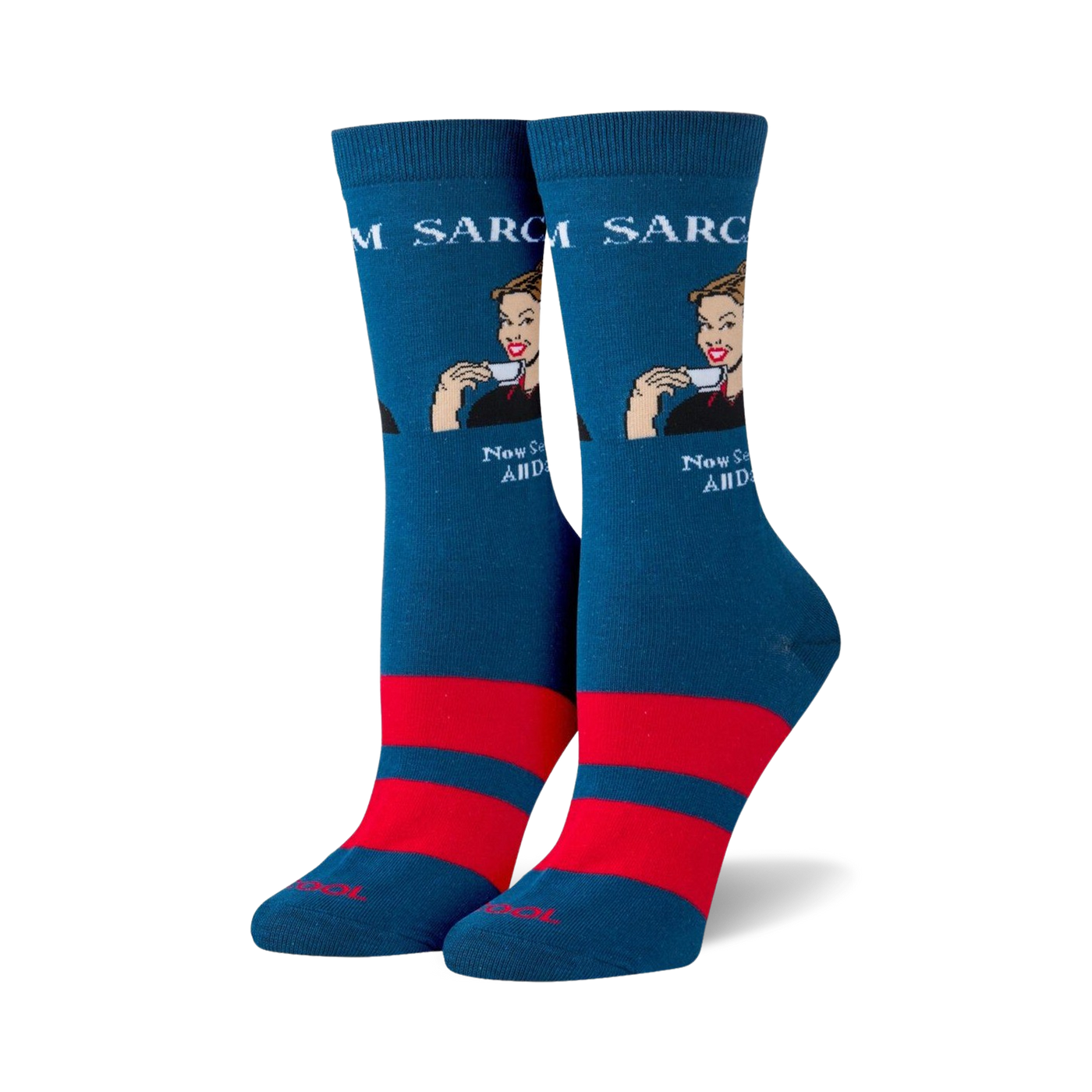 Pair of teal crew socks with red stripes and a retro-style illustration of a woman sipping tea. The text 'Sarcasm' and 'Now Served All Day!' is featured on the socks.
