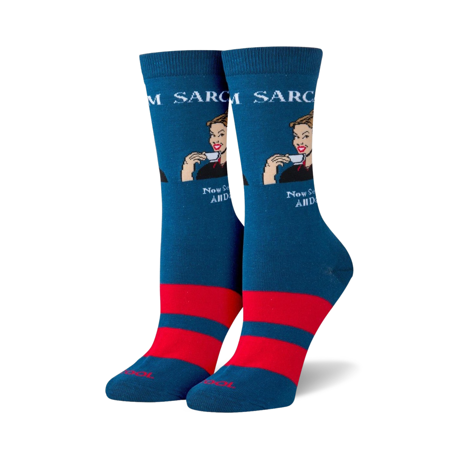 Pair of teal crew socks with red stripes and a retro-style illustration of a woman sipping tea. The text 'Sarcasm' and 'Now Served All Day!' is featured on the socks.