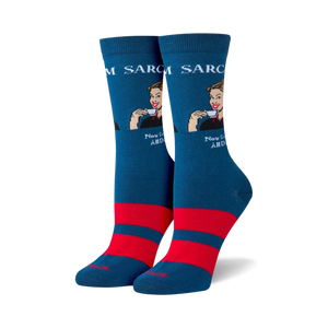womens blue sarcasm novelty crew socks with red toe, heel, and stripe. cartoon of woman in blue dress holding teacup. 