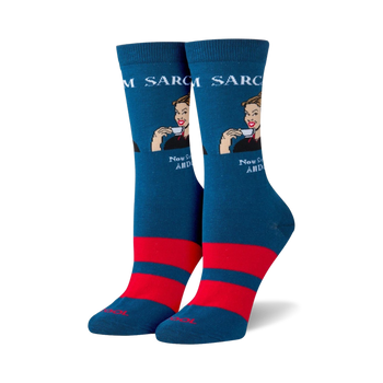 womens blue sarcasm novelty crew socks with red toe, heel, and stripe. cartoon of woman in blue dress holding teacup. "sarcasm...now served all day!"   