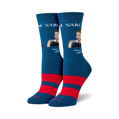 womens blue sarcasm novelty crew socks with red toe, heel, and stripe. cartoon of woman in blue dress holding teacup. "sarcasm...now served all day!"   