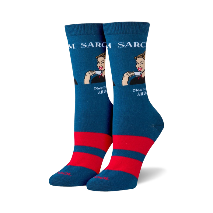 womens blue sarcasm novelty crew socks with red toe, heel, and stripe. cartoon of woman in blue dress holding teacup. 