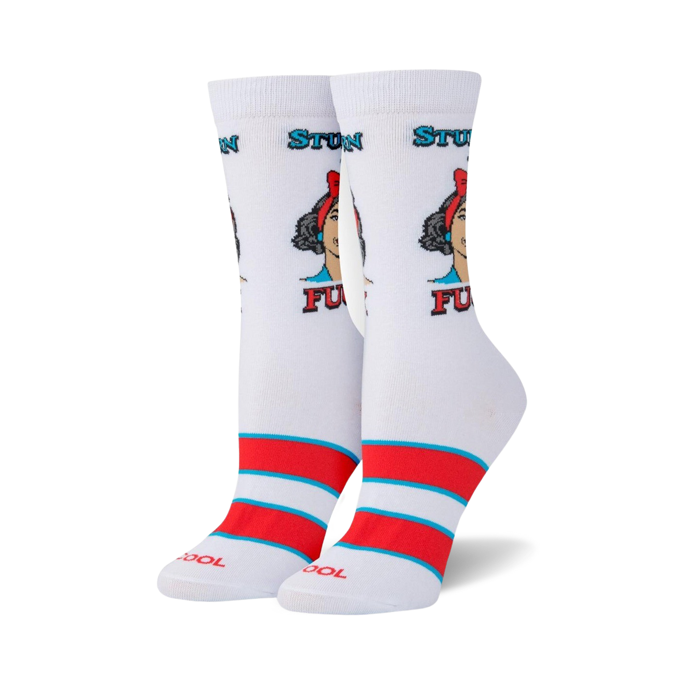 Lifestyle shot showing the 'Stubborn AF' socks on a model's feet.