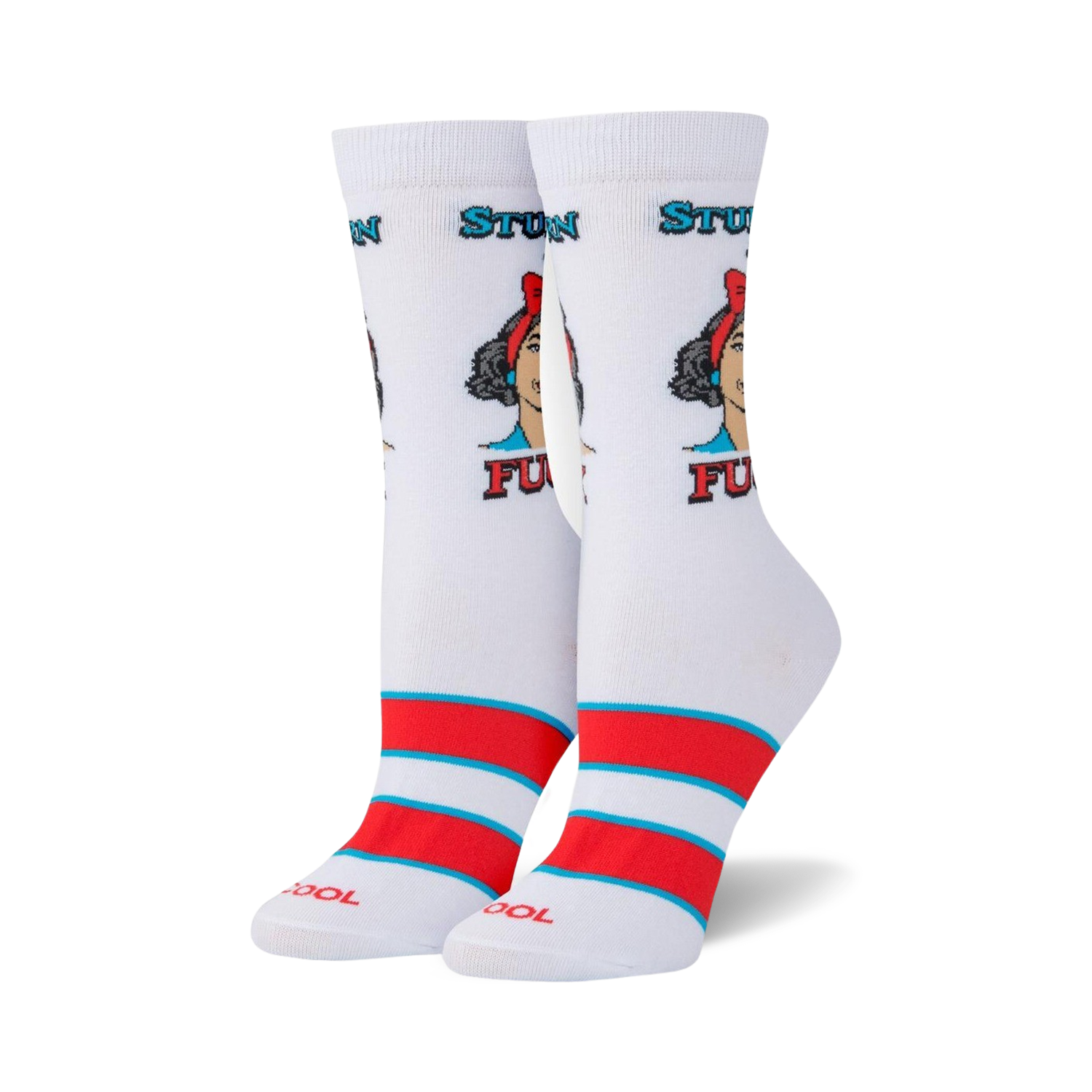 Lifestyle shot showing the 'Stubborn AF' socks on a model's feet.