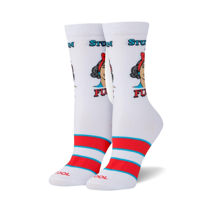 A pair of white socks with a red and blue striped cuff. The socks have a repeating pattern of a woman's face with the words 