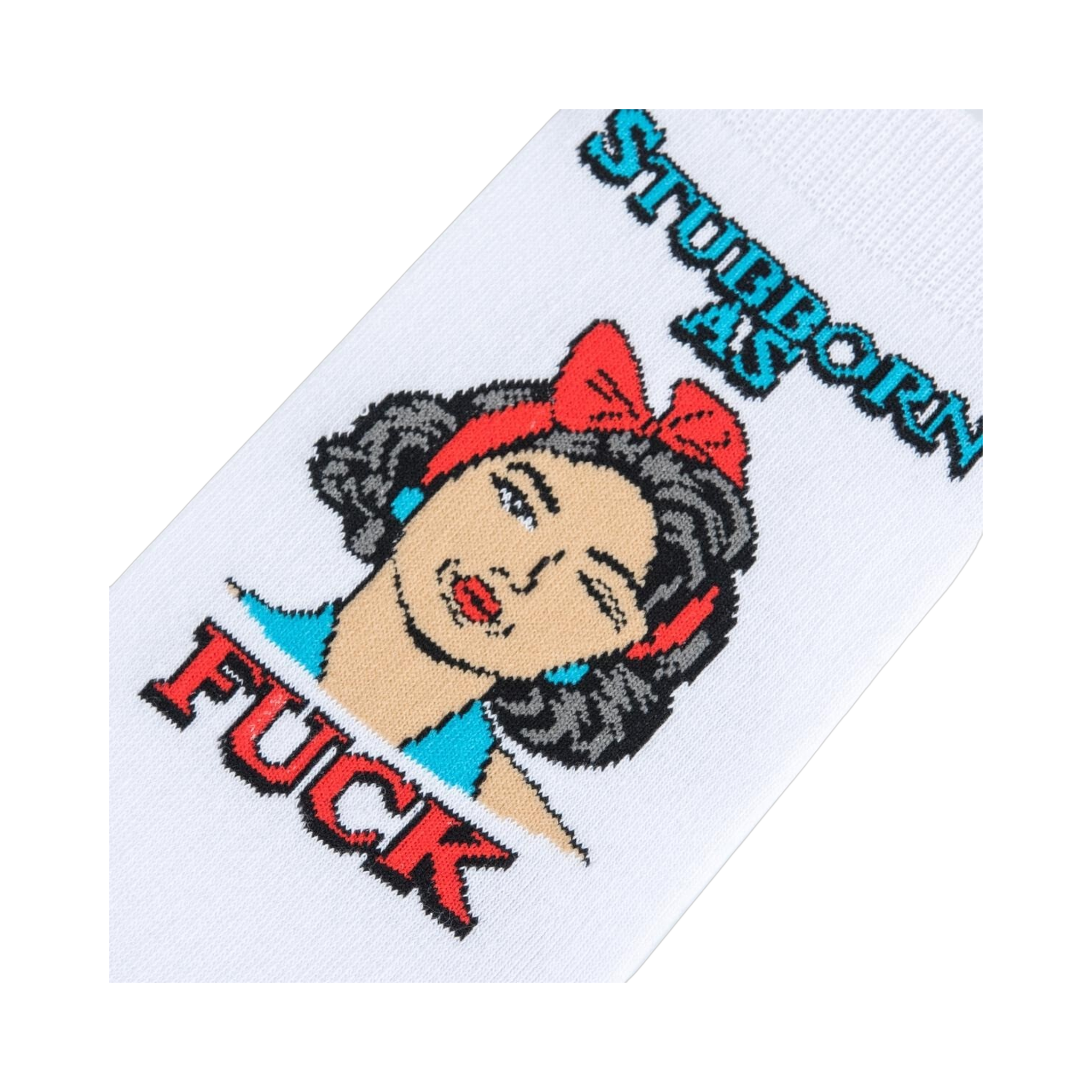 Close-up detail shot of the 'Stubborn as Fuck' graphic on the socks.