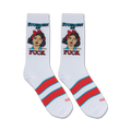 Pair of white crew socks with red and teal stripes.  Features a graphic illustration of a stubborn-looking woman with the words 'Stubborn as Fuck'.