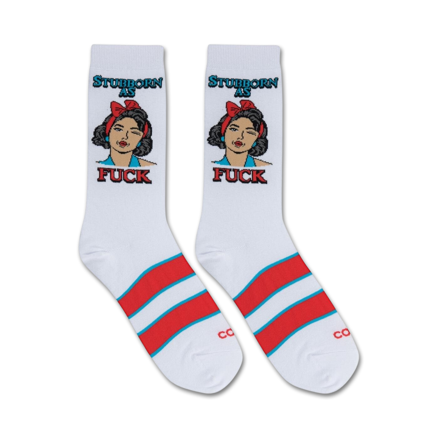 Pair of white crew socks with red and teal stripes.  Features a graphic illustration of a stubborn-looking woman with the words 'Stubborn as Fuck'.