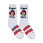Pair of white crew socks with red and teal stripes.  Features a graphic illustration of a stubborn-looking woman with the words 'Stubborn as Fuck'.