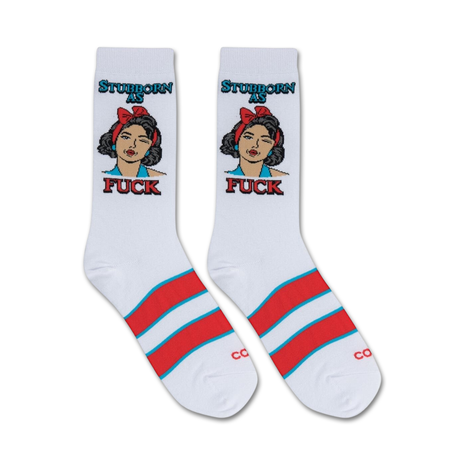 Pair of white crew socks with red and teal stripes.  Features a graphic illustration of a stubborn-looking woman with the words 'Stubborn as Fuck'.
