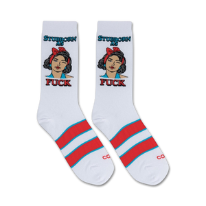  white crew socks with repeating pattern of winking woman in red headband, 