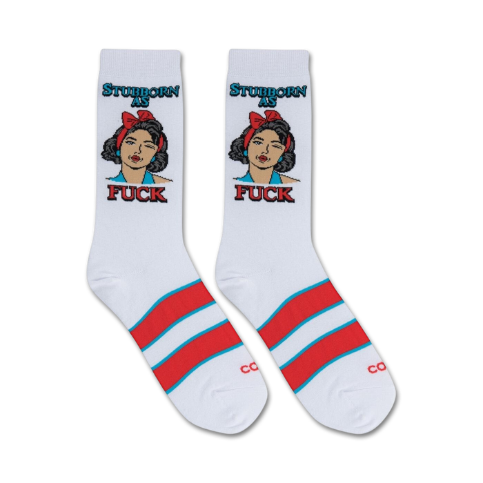  white crew socks with repeating pattern of winking woman in red headband, 