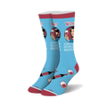 Pair of light blue crew socks. Features a retro-style woman drinking wine, wine bottles, and the text 'How classy people handle their sh*t'.