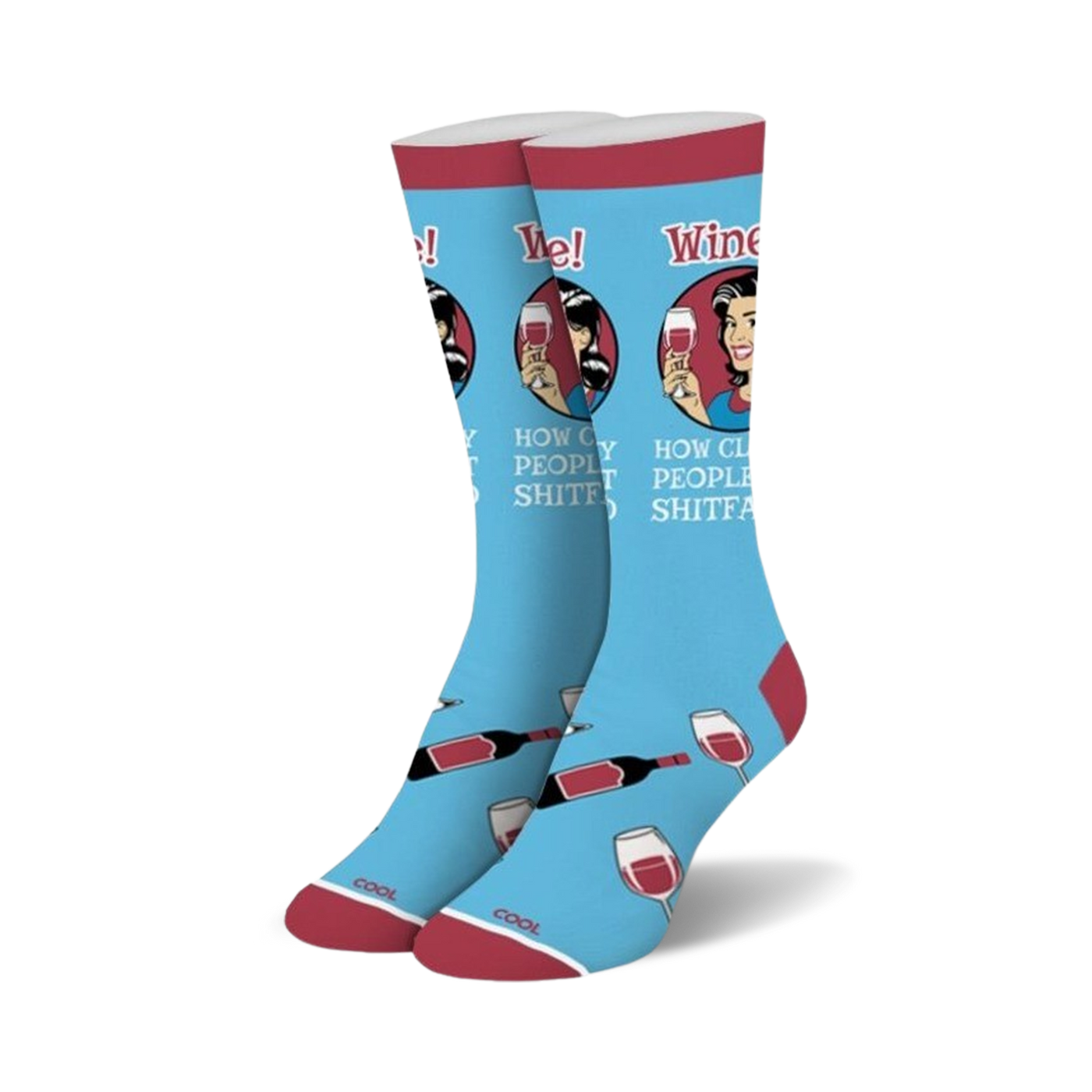 Pair of light blue crew socks. Features a retro-style woman drinking wine, wine bottles, and the text 'How classy people handle their sh*t'.