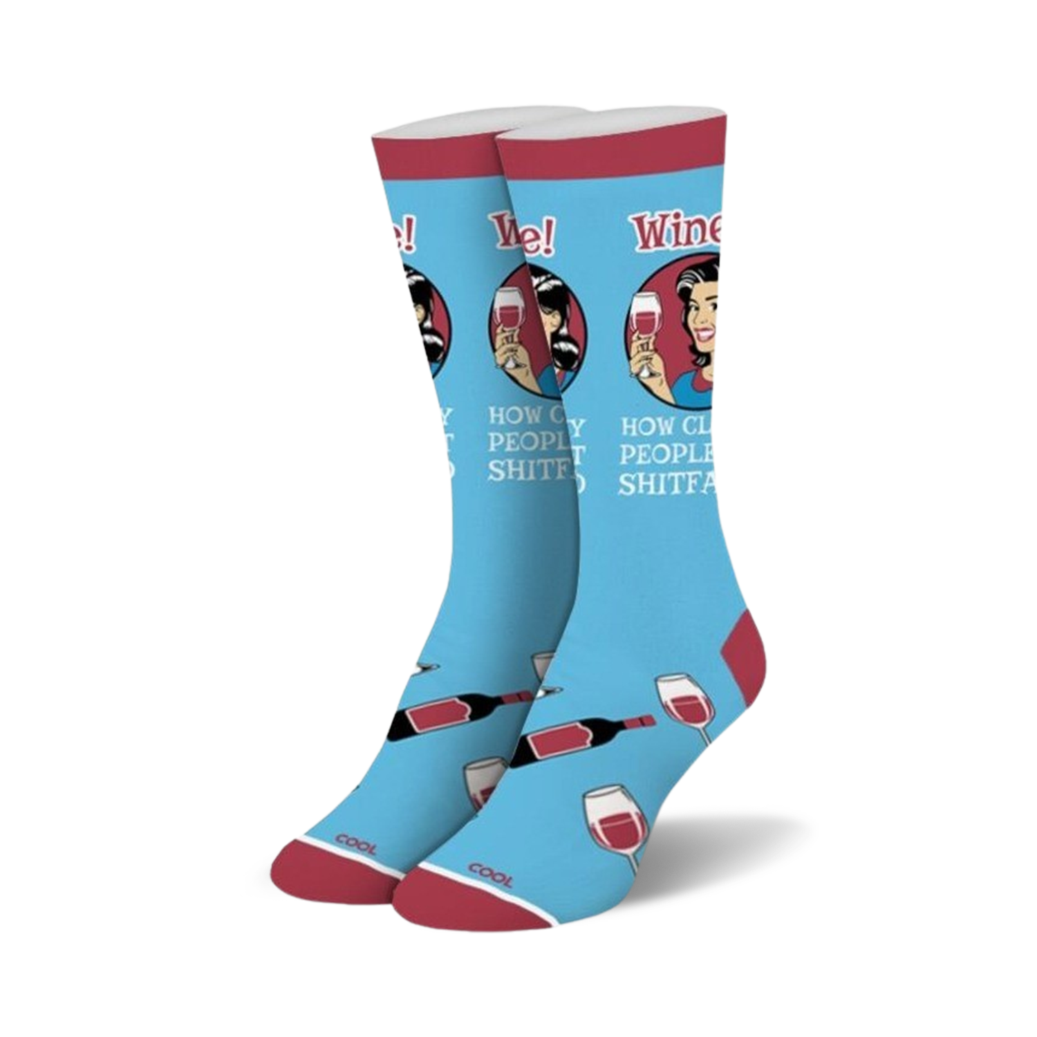 Pair of light blue crew socks. Features a retro-style woman drinking wine, wine bottles, and the text 'How classy people handle their sh*t'.
