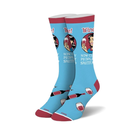 womens' novelty cartoon wine glass crew socks say "classy people...wine: how classy people get shitfaced"   