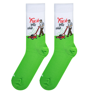 Lifestyle shot of the 'Fuck This Grass' socks on a person's feet.