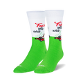Pair of green and white crew socks.  The socks feature a lawnmower and the phrase 'Fuck This Shit'.
