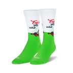 Pair of green and white crew socks.  The socks feature a lawnmower and the phrase 'Fuck This Shit'.