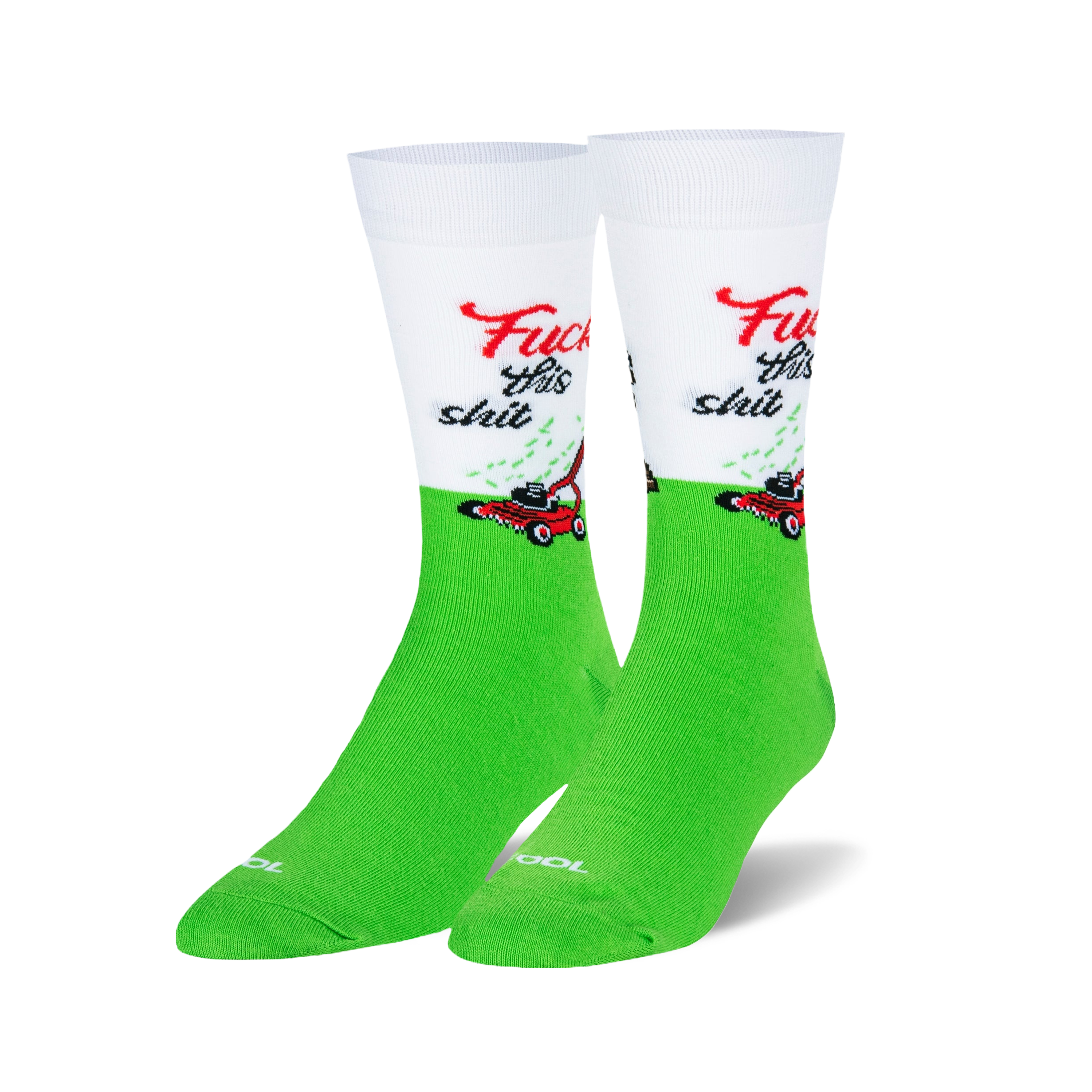 Pair of green and white crew socks.  The socks feature a lawnmower and the phrase 'Fuck This Shit'.