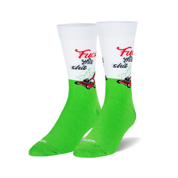 Pair of crew socks with bright green legs, white cuffs, red text 'Fuck This Shit', and a red lawnmower.