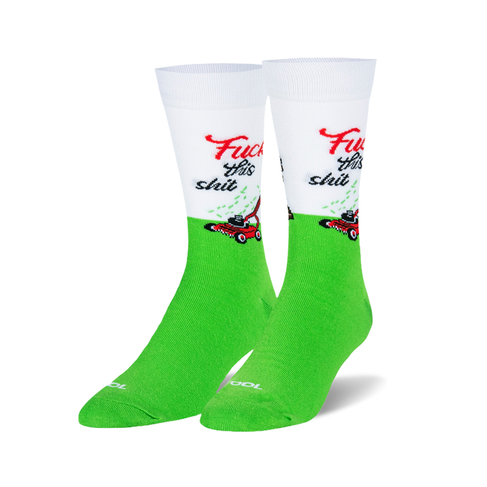 Pair of green and white crew socks.  The socks feature a lawnmower and the phrase 'Fuck This Shit'.