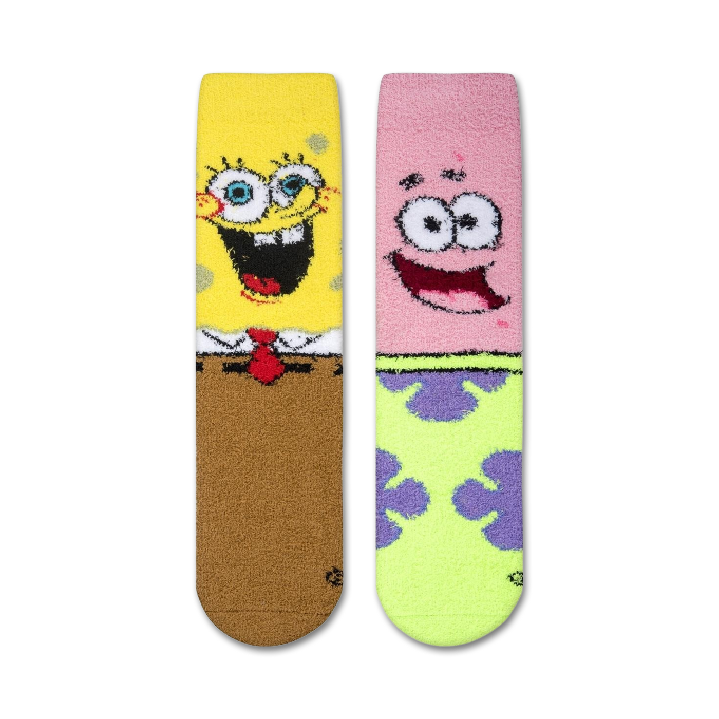 Close-up showing the fuzzy texture of the Spongebob and Patrick socks.