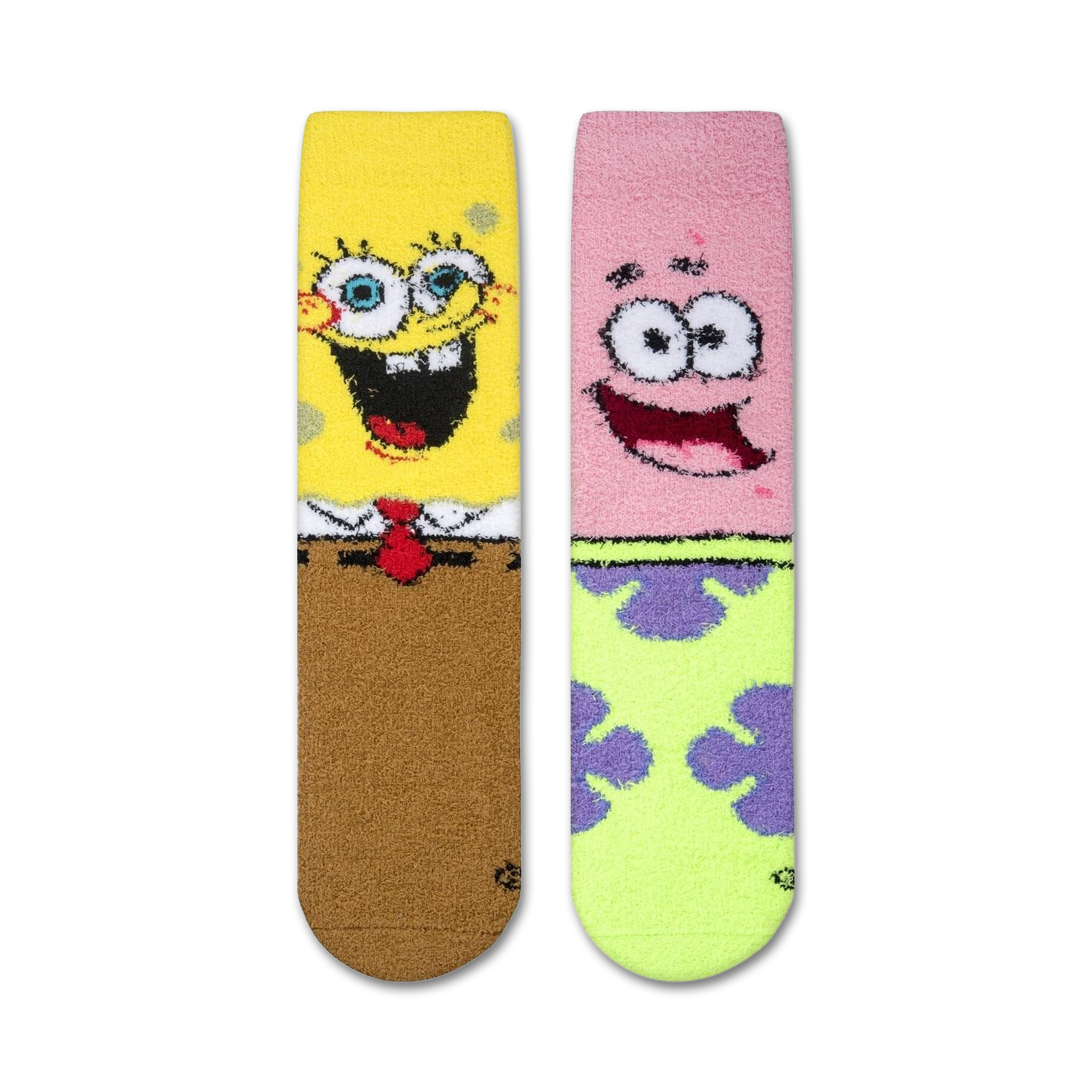 Close-up showing the fuzzy texture of the Spongebob and Patrick socks.