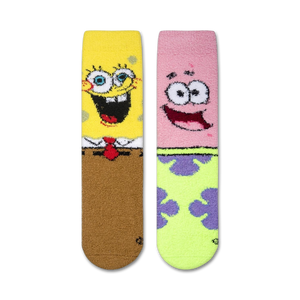 A pair of socks with Spongebob Squarepants and Patrick Star. Spongebob is on the left and Patrick is on the right.