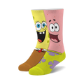 Pair of fuzzy crew socks featuring SpongeBob and Patrick. Yellow, brown, pink, and purple colors. 