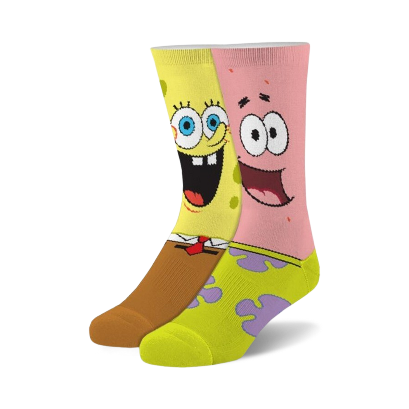 Pair of fuzzy crew socks featuring SpongeBob and Patrick. Yellow, brown, pink, and purple colors. 