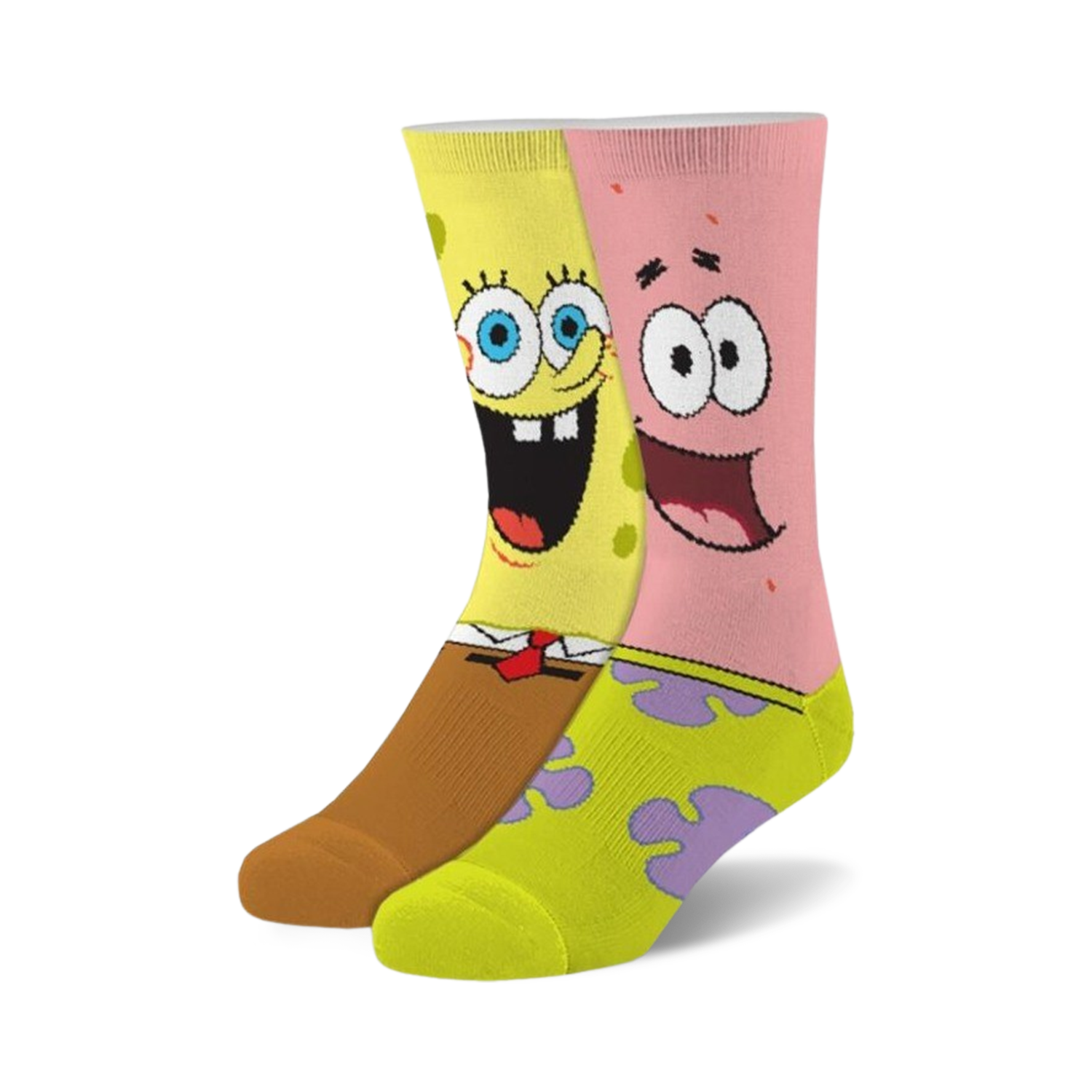 Pair of fuzzy crew socks featuring SpongeBob and Patrick. Yellow, brown, pink, and purple colors. 