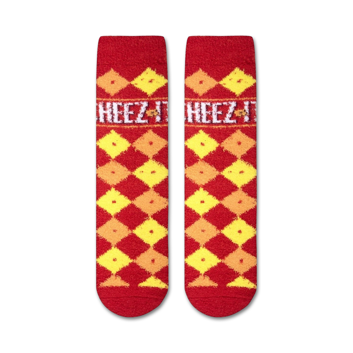 Close-up showing the texture of the Cheez-It Fuzzy socks. The fuzzy red and yellow checkered pattern is clearly visible.