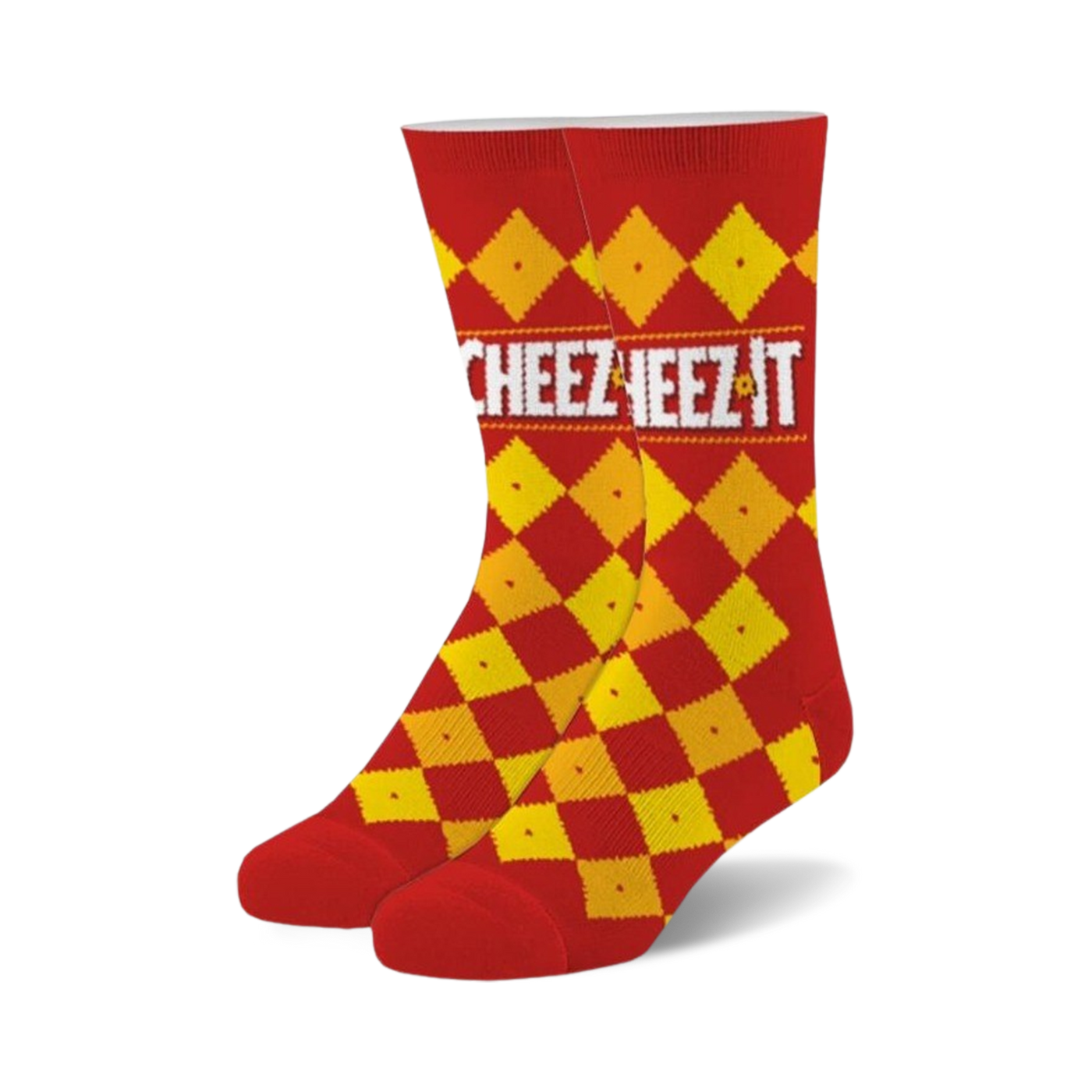 Pair of fuzzy crew socks in red and yellow. Features a Cheez-It cracker-inspired checkered pattern and logo.