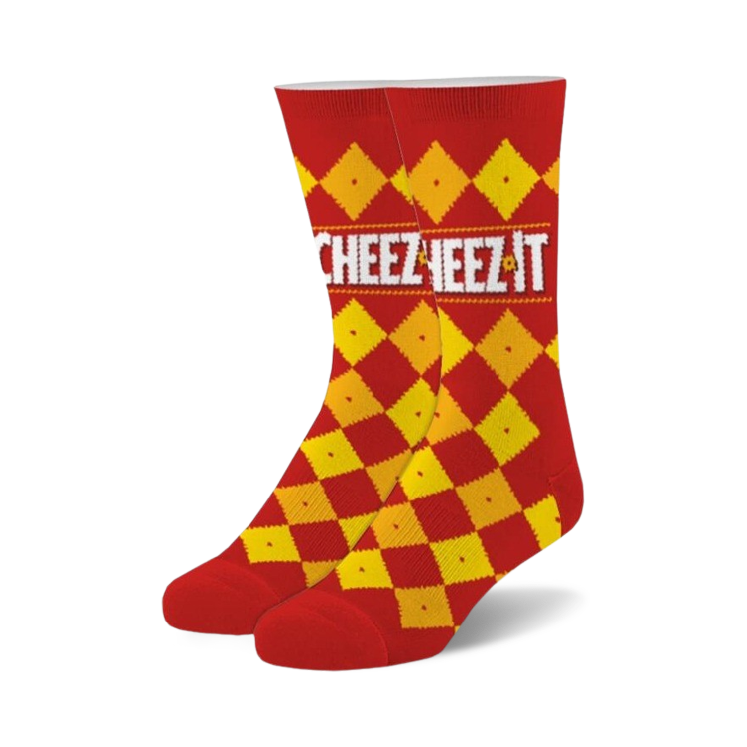 Pair of fuzzy crew socks in red and yellow. Features a Cheez-It cracker-inspired checkered pattern and logo.